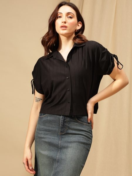 Women Black Spread Collar Solid Crop Casual Shirt