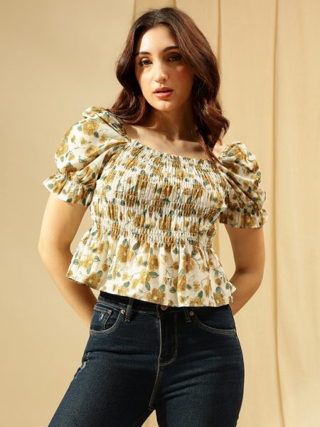 Women Green Floral Print Puff Sleeve Top