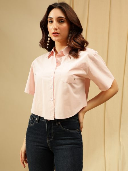 Women Pink Comfort Spread Collar Short Sleeves Casual Shirt