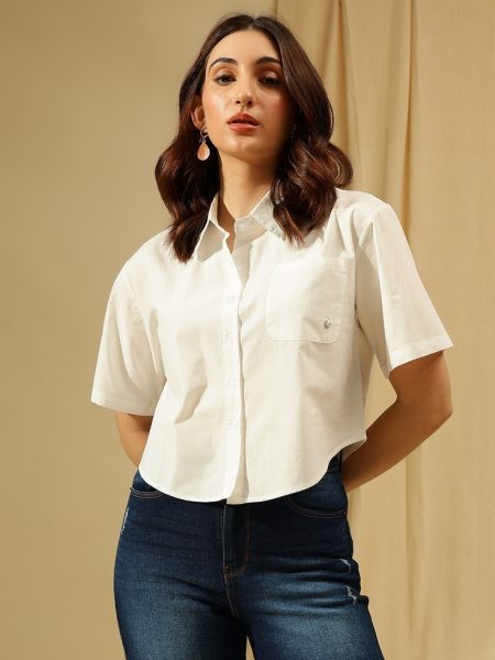 Women White  Comfort Spread Collar Short Sleeves Casual Shirt