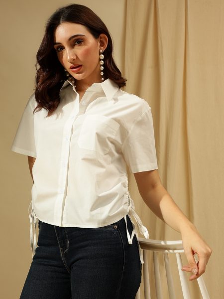 Women White Comfort Spread Collar Long Sleeves Casual Shirt