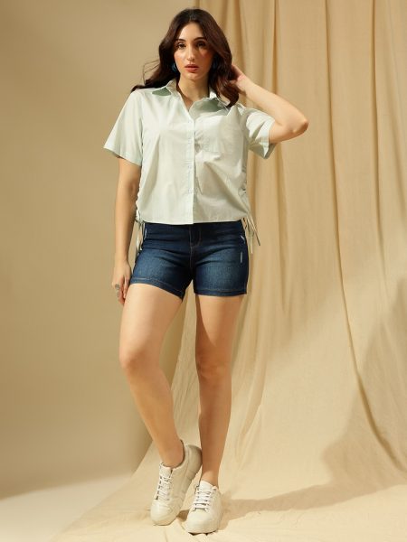 Women Blue Comfort Spread Collar Long Sleeves Casual Shirt