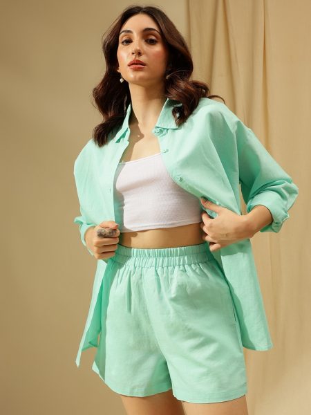 Women Blue Spread Collar Pure Cotton Casual Shirt With Shorts co-ords