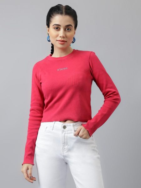 Women Pink Round Neck Long Sleeves Ribbed Cotton Crop Fitted Top