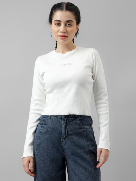 Women White Round Neck Long Sleeves Ribbed Cotton Crop Fitted Top