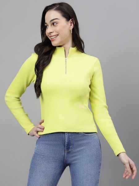Women Lemon Mock Collar Ribbed Half Zipper Fitted Top