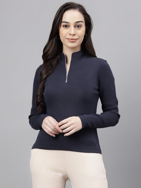 Women Navy Mock Collar Ribbed Half Zipper Fitted Top