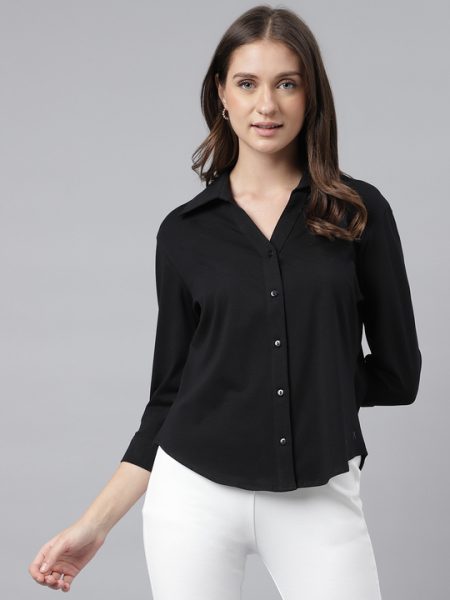 Black Spread Collar Comfort Pure Cotton Casual Shirt
