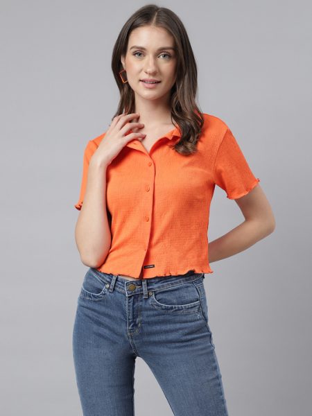 Women Orange Spread Collar Comfort Casual Shirt