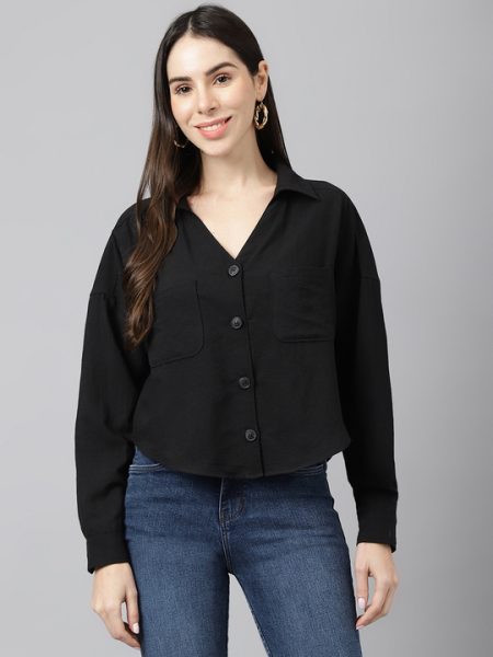 Women Black Spread Collar Boxy Casual Shirt