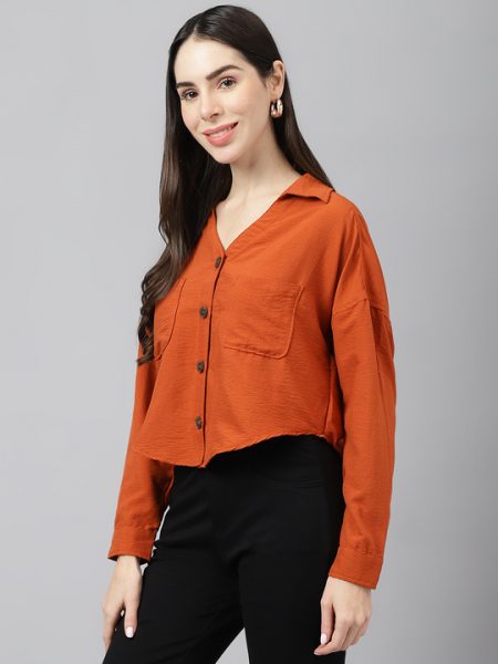Women Rust Spread Collar Boxy Casual Shirt
