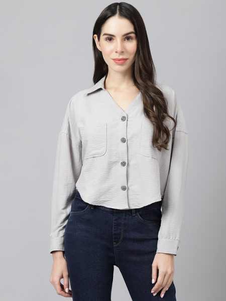 Women Silver Spread Collar Boxy Casual Shirt