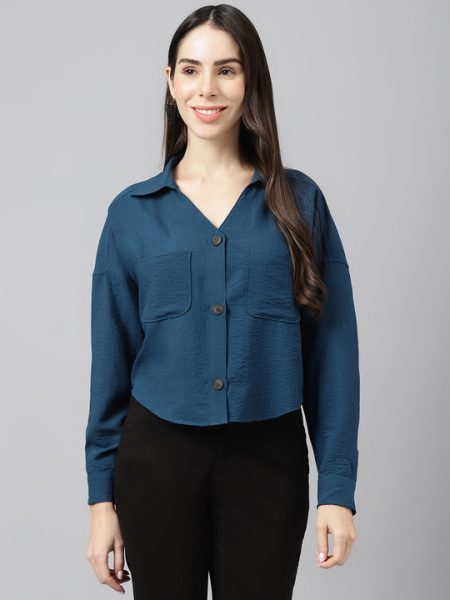 Women Blue Spread Collar Boxy Casual Shirt