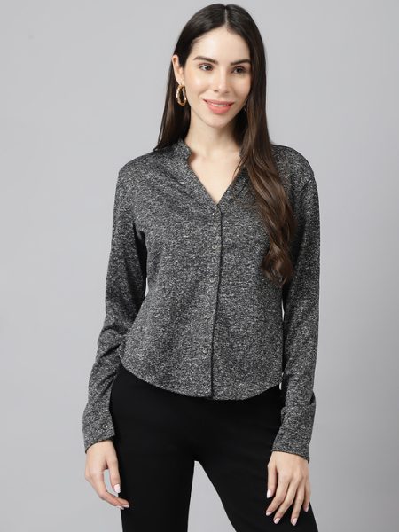 Women Black Comfort Skinny Fit  Mandarin Collar Casual Shirt