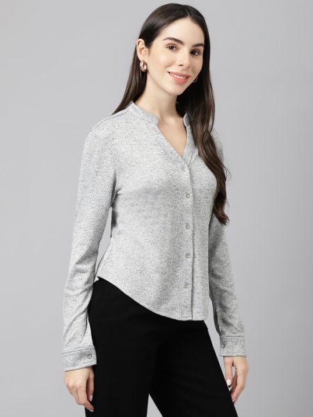 Women Stone Grey Comfort Skinny Fit  Mandarin Collar Casual Shirt