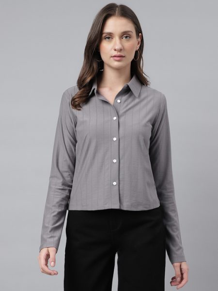 Women Grey Spread Collar Comfort Long Sleeves Casual Shirt