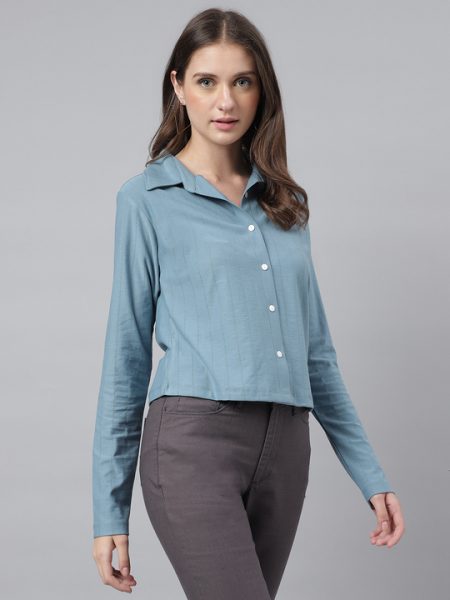 Women Stone Blue Spread Collar Comfort Long Sleeves Casual Shirt