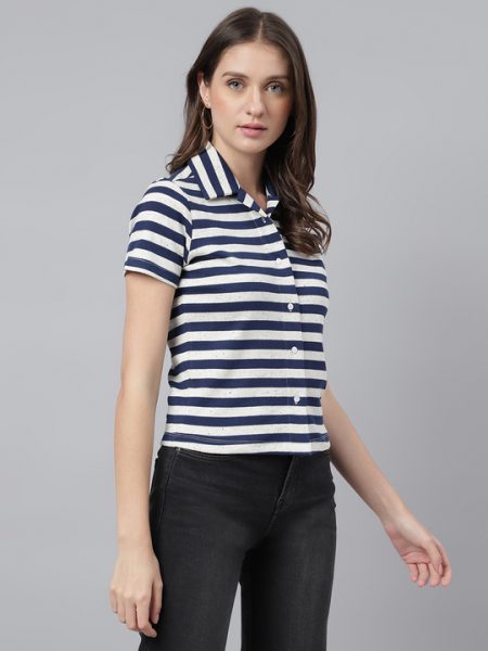 Women Blue & white Horizontal Striped Spread Collar Comfort Casual Shirt