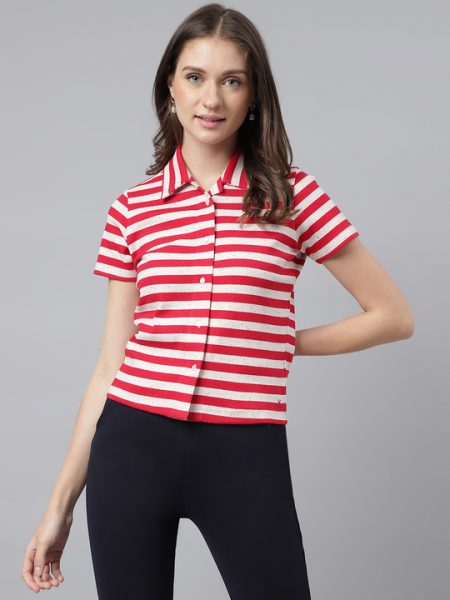 Women Red & white Horizontal Striped Spread Collar Comfort Casual Shirt (Copy)