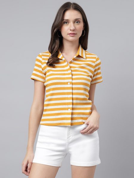 Women Yellow & white Horizontal Striped Spread Collar Comfort Casual Shirt (Copy)