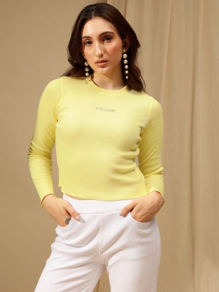 Women Round Neck Long Sleeves Ribbed Cotton Crop Fitted Top