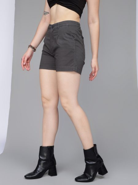 Women Dark Grey High-Rise Cotton Shorts
