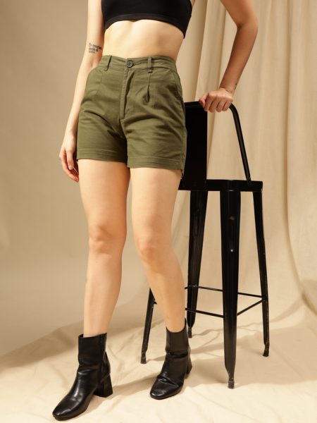 Women Olive High-Rise Cotton Shorts