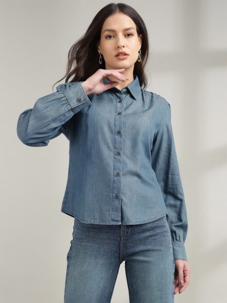 Women Navy Blue Mandarin Collar Long Sleeves  Tailored Fit Denim Shirt