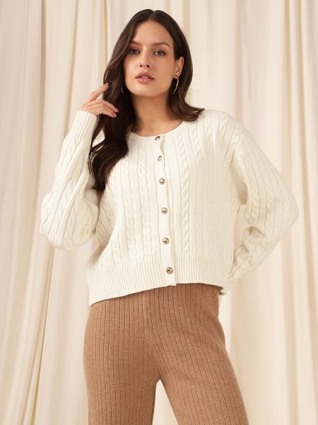 Women Ivory Ribbed Cardigan