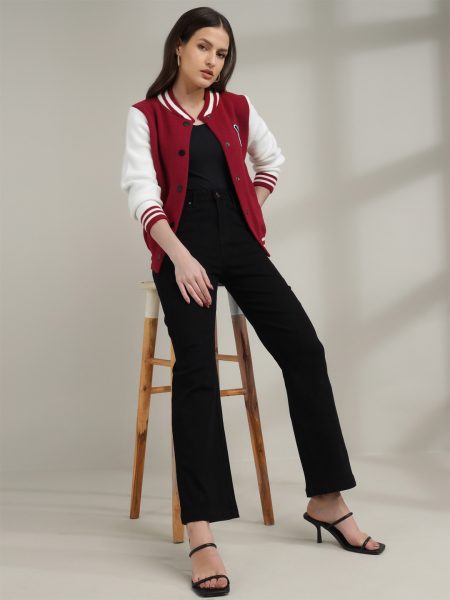 Women Red/White Stand Collar Colourblocked Casual Varsity Jacket