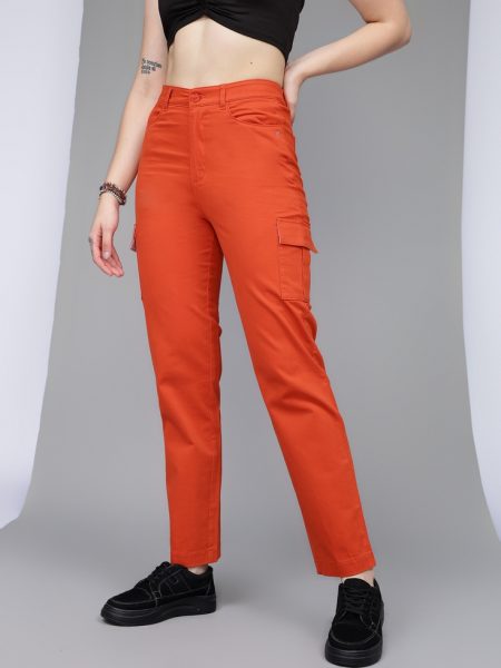 Women Orange Comfort Straight Fit High-Rise Cotton Cargo Trousers