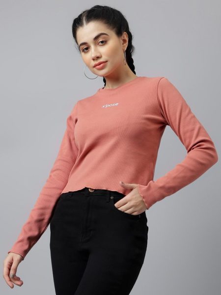 Women Peach Round Neck Long Sleeves Ribbed Cotton Crop Fitted Top