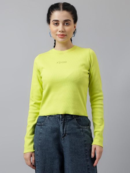 Women Lime Round Neck Long Sleeves Ribbed Cotton Crop Fitted Top