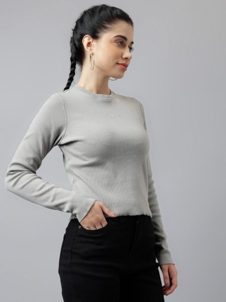 Women Grey Round Neck Long Sleeves Ribbed Cotton Crop Fitted Top