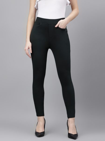 Women DarkGreen Solid Flexible Slim Fit Trousers