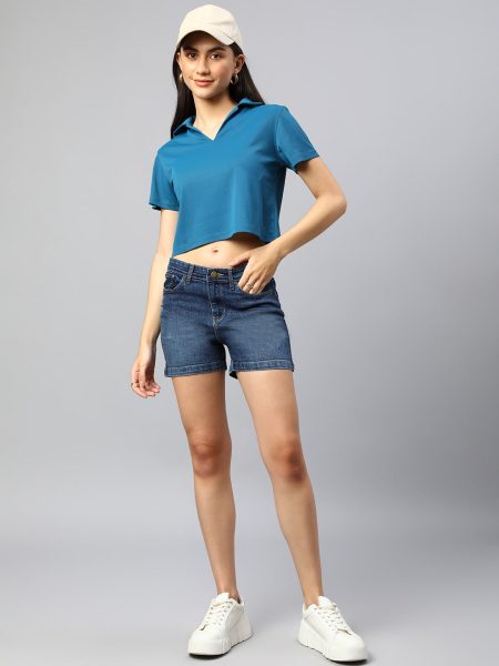 Women Blue Boxy Crop Top