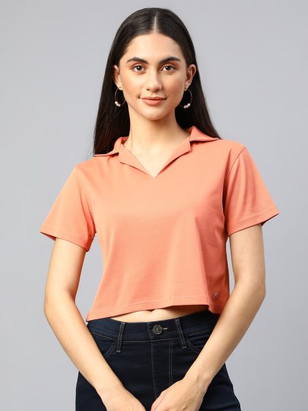Women Peach-Coloured Boxy Crop Top
