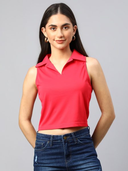 Women Pink Solid Sleeveless Crop Top