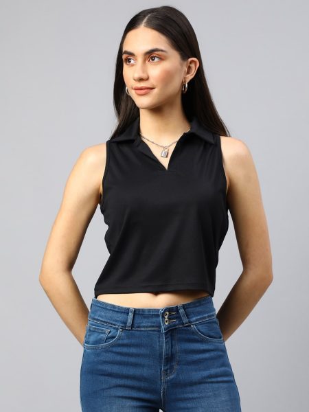 Women Black Solid Sleeveless Crop Top