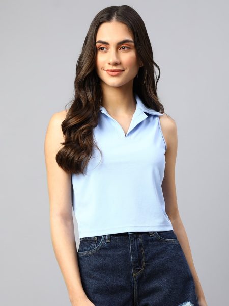 Women Blue Solid Sleeveless Crop Top