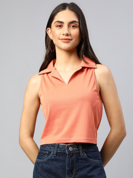 Women Peach Solid Sleeveless Crop Top