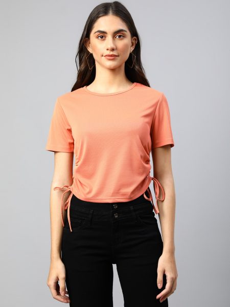 Women Peach Round Neck Side Tie Ups Ruched Crop Top