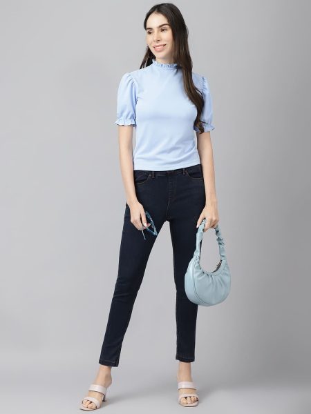 Women Blue High Neck Puff Sleeves Ruffles Top