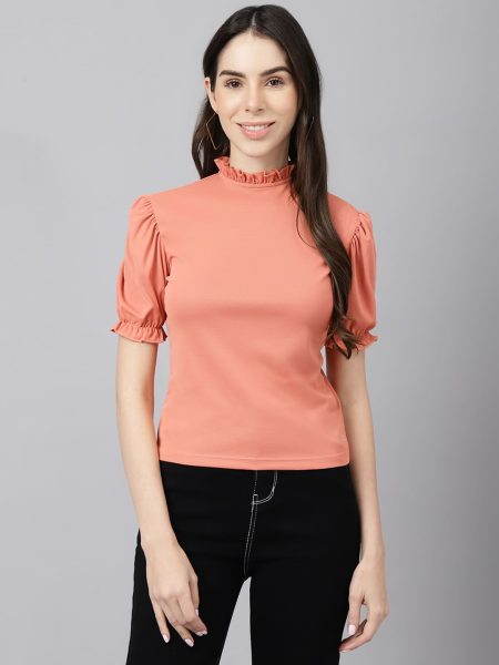 Women Peach High Neck Puff Sleeves Ruffles Top
