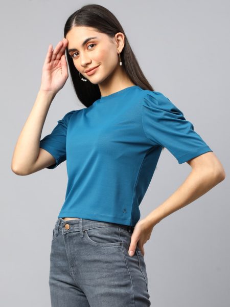 Women Blue Round Neck Puff Sleeves Crop Top