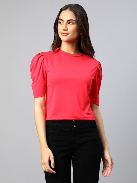 Women Pink Round Neck Puff Sleeves Crop Top