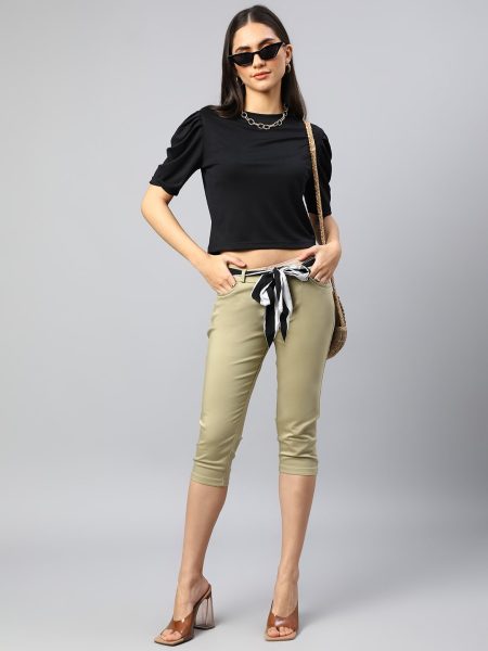 Women Black Round Neck Puff Sleeves Crop Top
