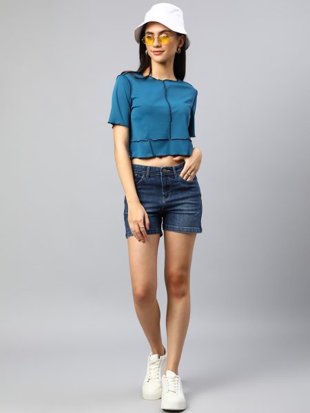 Women Blue Pop Stitch Crop Top