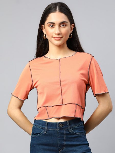 Women Peach-Coloured Pop Stitch Crop Top