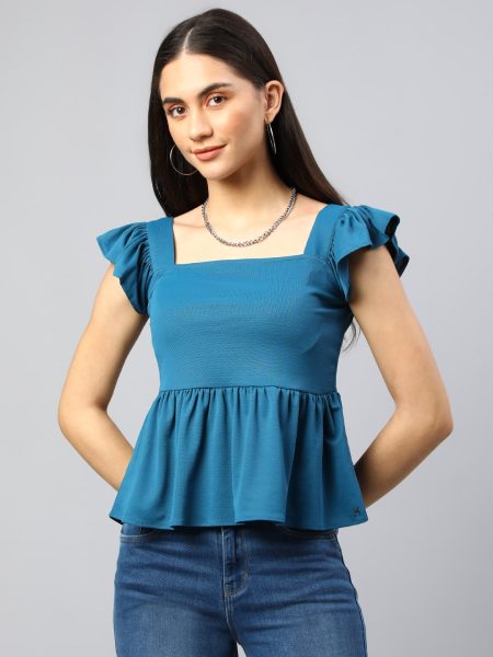 Women Blue Square Neck Flutter Sleeves Peplum Top